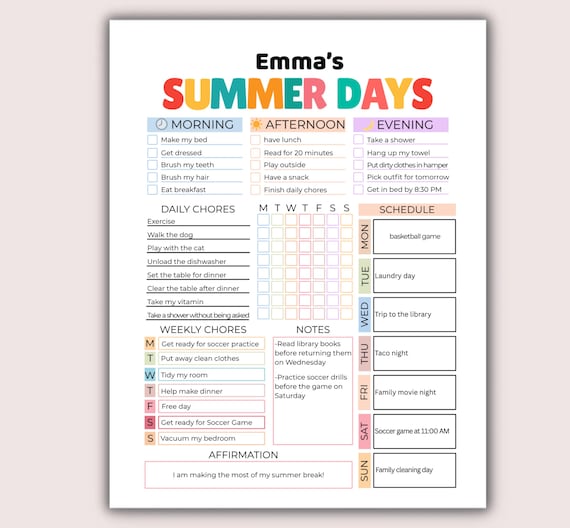 Summer Planner Kids Summer Printable Summer | Children Summer Routine | Kids Summer Schedule Printable | Summer Planner for Kids | editable