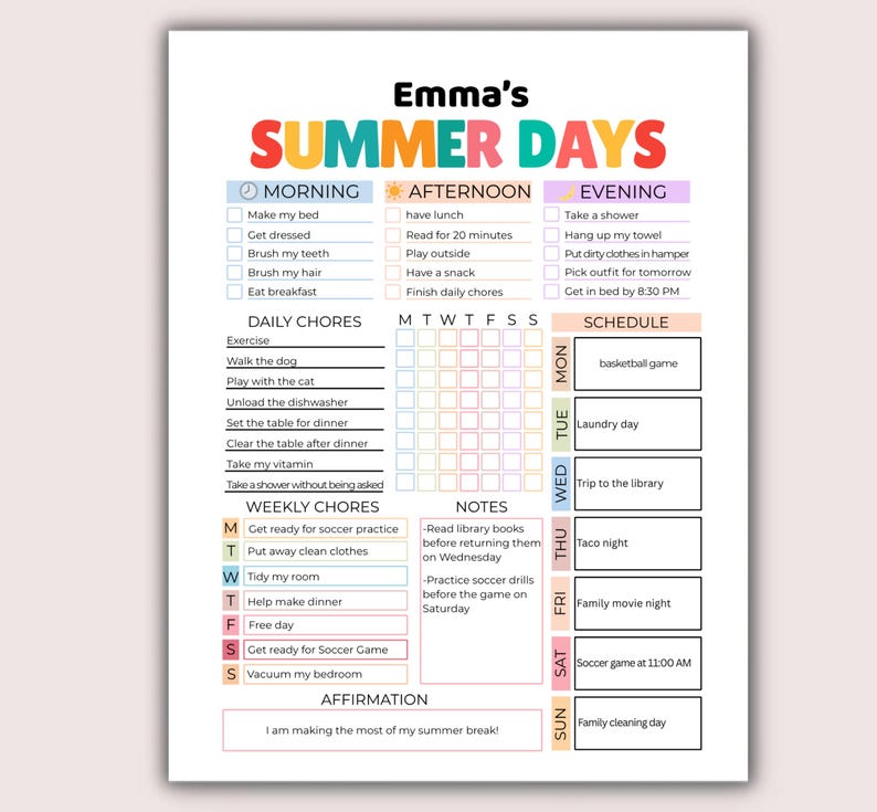 May include: A colorful summer planner titled "Emma's SUMMER DAYS" with sections for morning, afternoon, and evening activities. Includes daily and weekly chores, a schedule, and notes. The planner is designed to help organize summer activities.