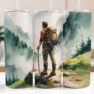 Hiking 20 oz Skinny Tumbler Digital Design for Sublimation: Mountain Hiker, watercolor Wrap in PNG Luxury (Instant Download, Digital Only)