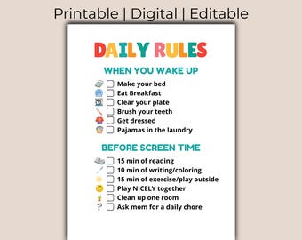 Chore Chart | editable | Chore Chart for Kids | Summer Checklist | routine | rules | screen time allowance |