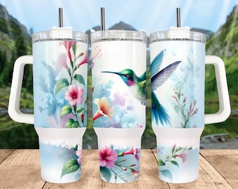 Hummingbird Floral 40 oz Skinny Tumbler Digital Design for Sublimation:  Bird Flowers Glitter Wrap in PNG (Instant Download, Digital Only)