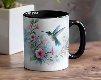 Hummingbird Floral mug wrap, Flowers bird PNG 15oz 11oz Digital Design for Sublimation: Bird template coffee mug, PNG Design Download