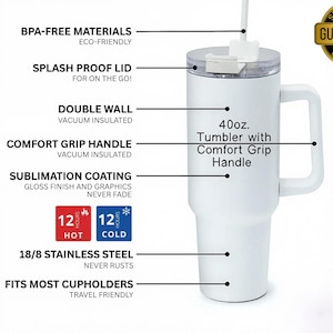 May include: White 40oz tumbler with a comfort grip handle, splash-proof lid, and straw. Features include double-wall vacuum insulation, sublimation coating, and 18/8 stainless steel. Keeps drinks hot or cold for 12 hours. BPA-free and fits most cup holders.