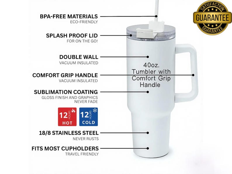 May include: White 40oz tumbler with a comfort grip handle, splash-proof lid, and straw. Features include double-wall vacuum insulation, sublimation coating, and 18/8 stainless steel. Keeps drinks hot or cold for 12 hours. BPA-free and fits most cup holders.