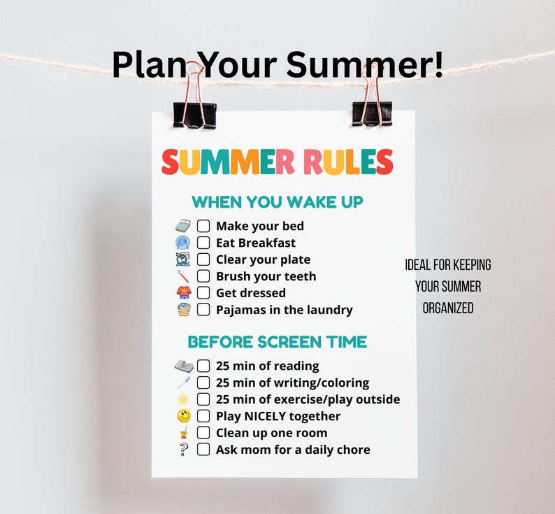 Sommarsysslor | redigerbar | Utskrivbar sysslor för barn | Sommarchecklista | rutin | regler | skärmtid | Sommarregler bild 3