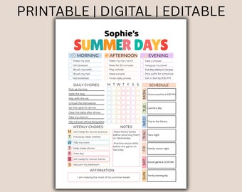 Summer Planner Kids Summer Printable Summer | Children Summer Routine | Kids Summer Schedule Printable | Summer Planner for Kids | editable