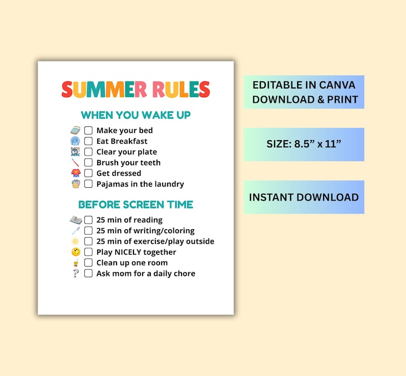 Sommarsysslor | redigerbar | Utskrivbar sysslor för barn | Sommarchecklista | rutin | regler | skärmtid | Sommarregler bild 4
