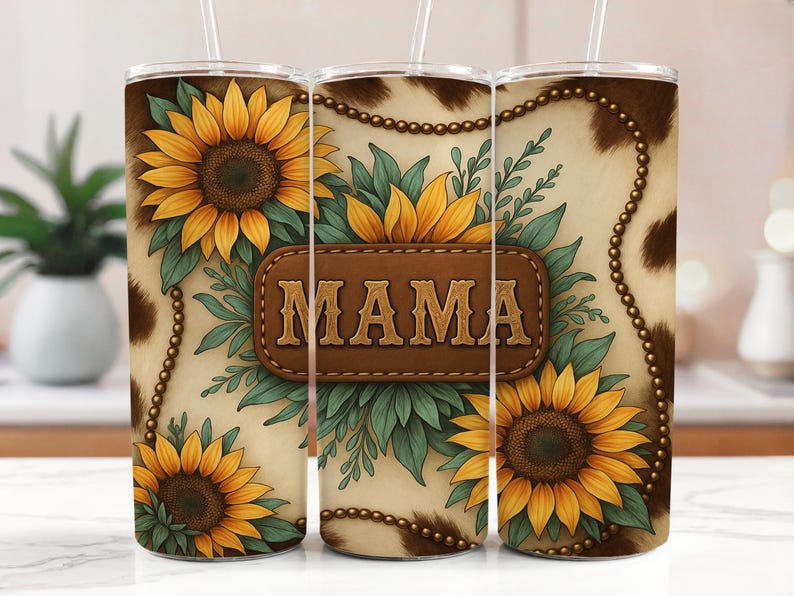 Puede incluir: Un vaso blanco con un patr&oacute;n de piel de vaca marr&oacute;n y girasoles. El vaso tiene un parche de cuero marr&oacute;n con la palabra "MAMA" en letras doradas.