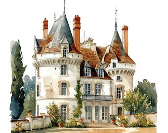 Watercolor French Chateau Clipart Bundle: Manor House PNG Files (Digital Download)