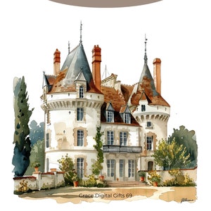 Lot de 40 cliparts aquarelle château Français, manoir Français, fabrication de cartes, fond Transparent, fichiers PNG pour usage commercial