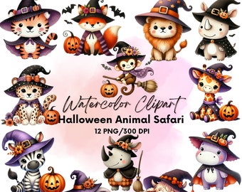 Pacchetto di clipart di animali da safari di Halloween ad acquerello: PNG per bambini (download digitale)