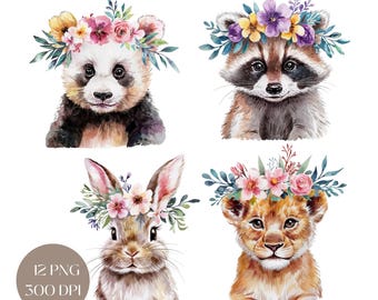 Aquarell Safari Tiere Clipart: Boho Blumen Kinderzimmer Kunst (digitaler Download)