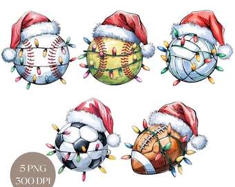 Christmas Sports Balls with Santa Hat PNG: Soccer, Football, Baseball (Digital Download)
