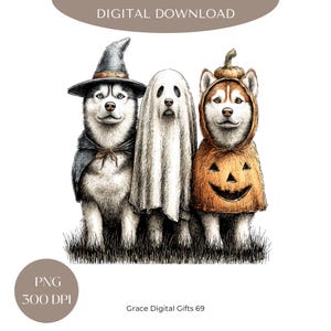 Fantasma de Halloween con perro husky siberiano PNG: Diseño retro de calabaza (descarga digital)