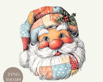 Watercolor Santa Claus PNG: Vintage Patchwork Christmas Clipart Cozy Holiday Sublimation Digital Download