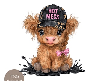 Hot Mess Highland Cow PNG: Sarcastic Western Sublimation (Digital Download)