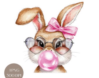 Watercolor Bunny with Glasses PNG: Easter Bubblegum Rabbit (Digital Download)