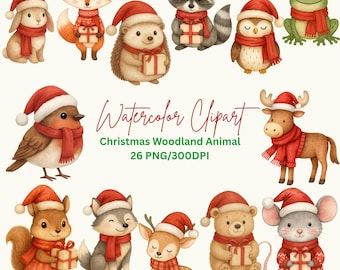 Aquarell Weihnachten Waldtiere Clipart Bundle, Winter Cottage Kern Tiere PNG Datei Download