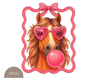Coquette Horse Blowing Bubble Gum PNG: Retro Watercolor Art (Digital Download)