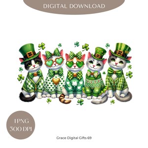 May include: Five cartoon cats wearing green hats and sweaters with shamrock designs. The cats are sitting in a row and looking at the viewer. The background is white.