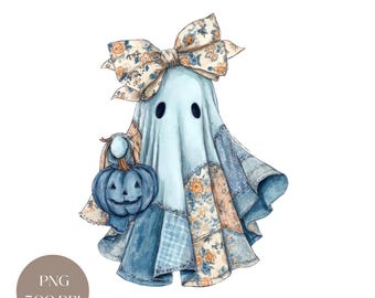 Patchwork Halloween-spook PNG: griezelige blauwe denim clipart (digitale download)