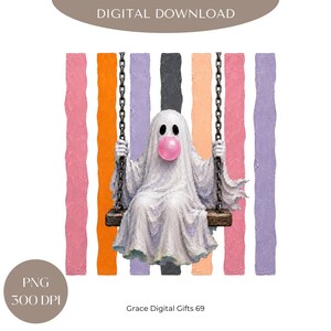 ハロウィンの幽霊バブルガムスイングPNG：かわいい不気味な季節のカラフルなテクスチャデジタルダウンロード