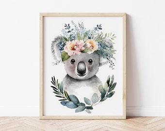 Watercolor Koala Nursery Print: Floral Crown, Safari Animal Art (Digital Download)