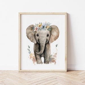 Watercolor Safari Animals Wall Art, Baby Elephant with Flower Nursery Prints, Nursery Decor, Wall Art Nursery Room, Digital Download JPG
