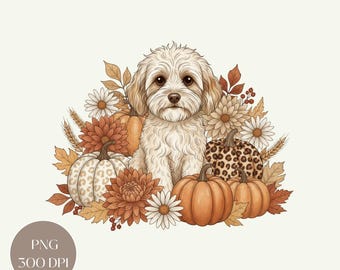 May include: Digital download featuring a cream-colored dog surrounded by pumpkins, fall foliage, and flowers. The pumpkins are orange and white with a leopard print design. The image includes the text "DIGITAL DOWNLOAD" and "PNG 300 DPI".