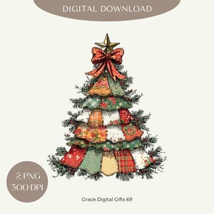 May include: A digital download image of a Christmas tree with a star topper and a red bow. The tree is made of patchwork fabric in various patterns and colors, including red, green, and yellow. The text "DIGITAL DOWNLOAD" is at the top, and "2 PNG 300 DPI" is at the bottom.