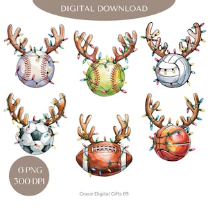 Christmas Sports Reindeer Horn PNG, Merry Christmas, Christmas Soccer with Lights, Football, Baseball, Softball, Volleyball, Basketball PNG
