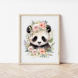 Watercolor Safari Animals Wall Art, Baby Panda with Flower Nursery Prints, Nursery Decor, Wall Art Nursery Room, Digital Download JPG