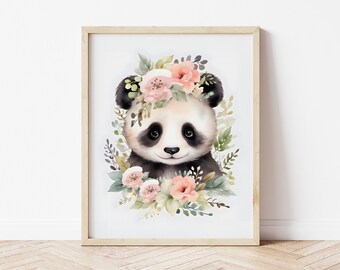 水彩画パンダの花柄ベビールームプリント：赤ちゃん動物のウォールアート（デジタルダウンロード）