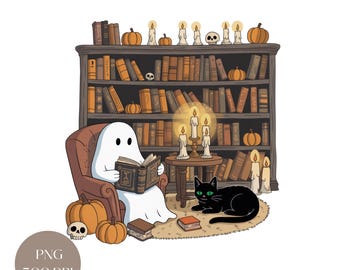 Halloween Ghost Reading PNG: Spooky Book Lover Art (Digital Download)