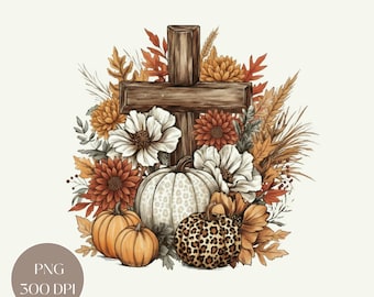 Christian Fall Cross Pumpkin PNG: Rustic Thanksgiving Religious Clipart Digital Download