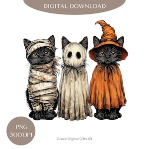 Gato negro retro de Halloween PNG: Arte digital de calabaza espeluznante, gato fantasma Svg (300 DPI)