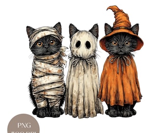 May include: Digital download featuring three black cats dressed in Halloween costumes. One cat is wrapped in mummy bandages, another is in a ghost costume, and the third wears a witch's hat and cape. The image includes the text "DIGITAL DOWNLOAD".