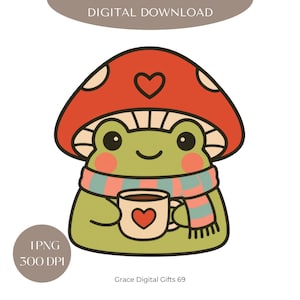 Mushroom Frog PNG, Cute Mental Health Png, Funny Frog Clipart, Anxiety Png, Mushroom and Frog Png, Emotionally Unstable, Frog and Coffee Png