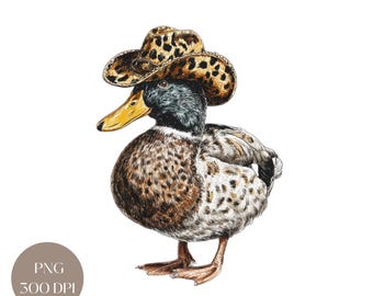 Cowboyanka PNG: Västlig gräsand Clipart med leopardhatt, roliga bondgårdsdjur digital nedladdning