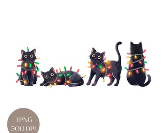 Weihnachten schwarze Katzen PNG: Weihnachtslichter, Geschenk für Katzenliebhaber (Digitaler Download)