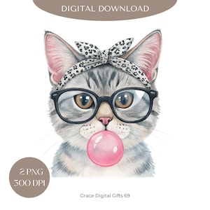 Watercolor Tabby Cat with Glasses & Bubblegum (PNG Digital Download)