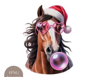 Christmas Horse PNG: Retro Watercolor Blowing Bubble Gum (Digital Download