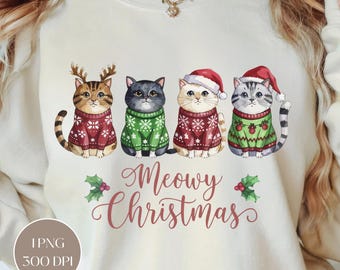 Chats de Noël miaous PNG : design amusant pour les fêtes (téléchargement numérique)