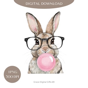 May include: A watercolor illustration of a brown rabbit wearing black-rimmed glasses and blowing a pink bubble. The rabbit has a cute, cartoonish expression.