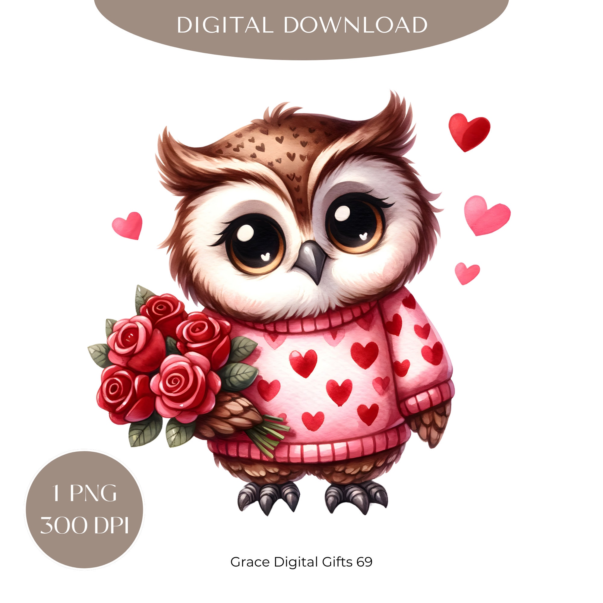 Watercolor Valentines Owl Clipart, Nursery Animals PNG (Digital Download)