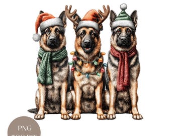 May include: Digital download featuring three German Shepherds in festive attire. One dog wears a Santa hat and green scarf, another has antlers and a string of lights, and the third sports a green and white hat with a red scarf. The image includes the text "DIGITAL DOWNLOAD".