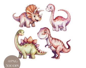 Watercolor Dinosaur Clipart Set, Nursery Dino Art (Digital Download)