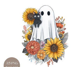 Watercolor Halloween Clipart Bundle: Ghost, Black Cat, Floral PNG (Digital Download)