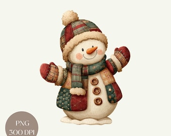 Watercolor Patchwork Snowman PNG: Christmas Holiday Clipart Cozy Winter Sublimation Digital Download