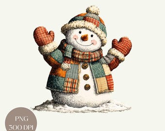 Watercolor Snowman PNG: Christmas Holiday Clipart Cozy Winter Patchwork Sublimation Digital Download